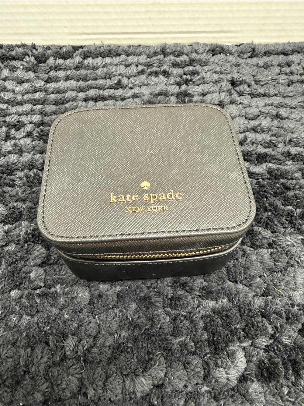 kate spade Black Leather Compact Jewelry Case with Gold Logo
